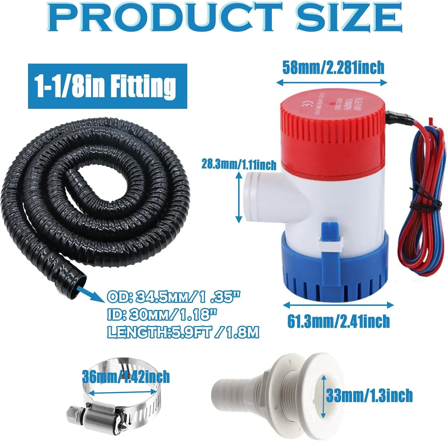 1-1/8 Boat Bilge Pump Hose Kit,1100gph Electric 12v Bilge Pump Can Choose,1-1/8 Dia 6 FT Kink-Free PVC Hose,1-1/8 Inch ABS Thru-Hull Fitting,2PCS Stainless Steel Hose Clamps for Boat Marine