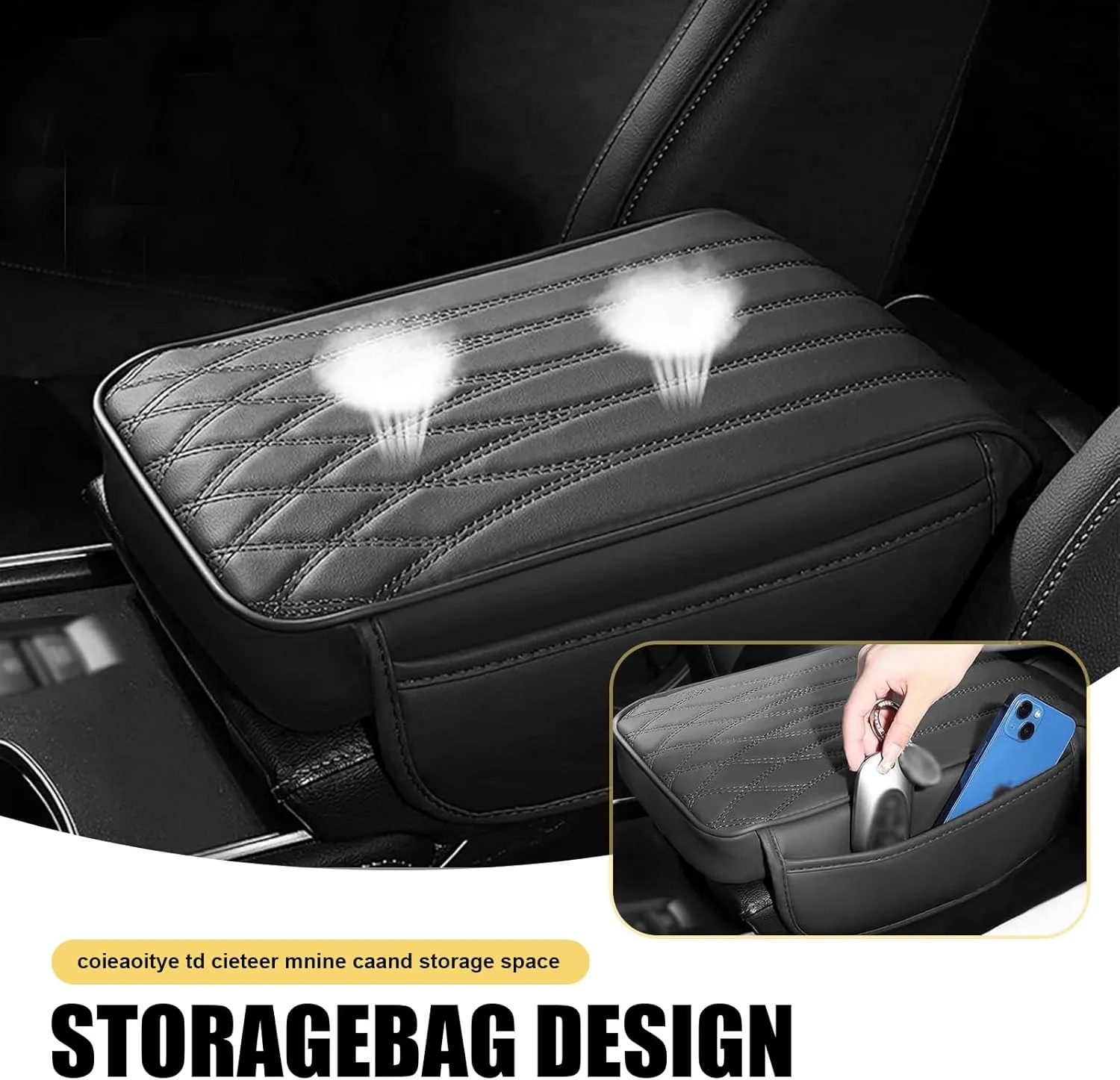 1 PC Car Armrest Box Protective Pad, 12.59" x 8.66" x 1.96" Storage Pockets on Both Sides Memory Foam Leather Armrest Box Booster Pad, Modified Decorative Accessories, for Most Models (Black)