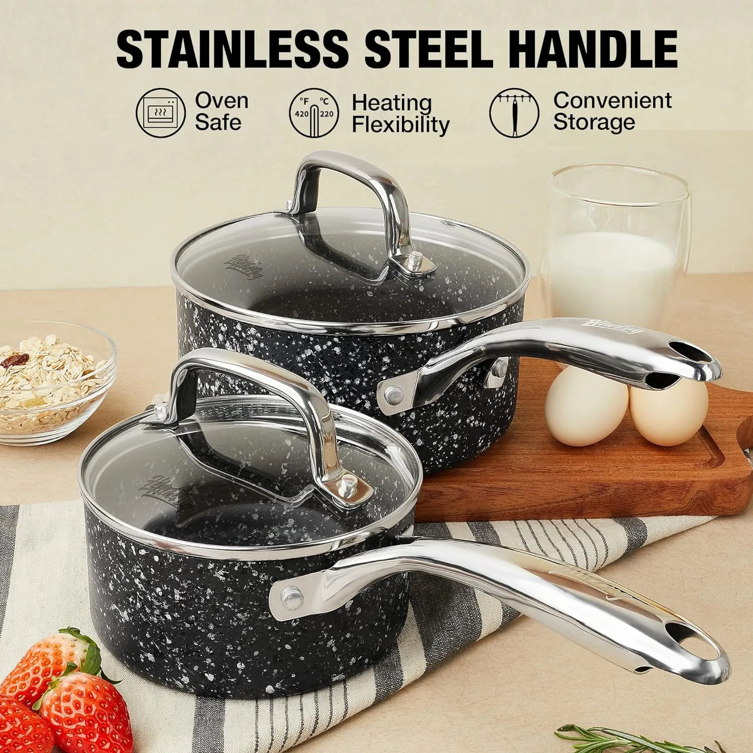 1 Quart Saucepan With Lid, Ultra Nonstick Granite Sauce Pan, Small Aluminum Pot, Black, 1 Qt