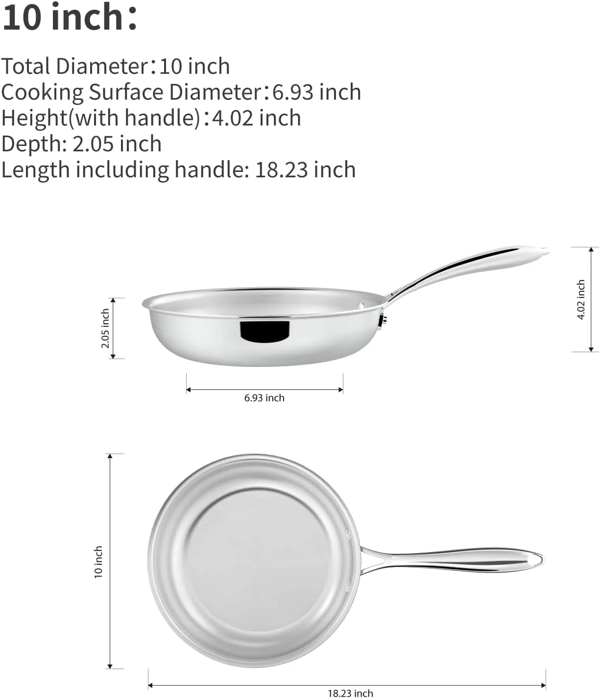 10 Inch Stainless Steel Skillet, 5-Ply Stainless Steel Fry Pan for Cooking, Dishwasher and Oven Safe, Induction Pan, Even Heat Distribution