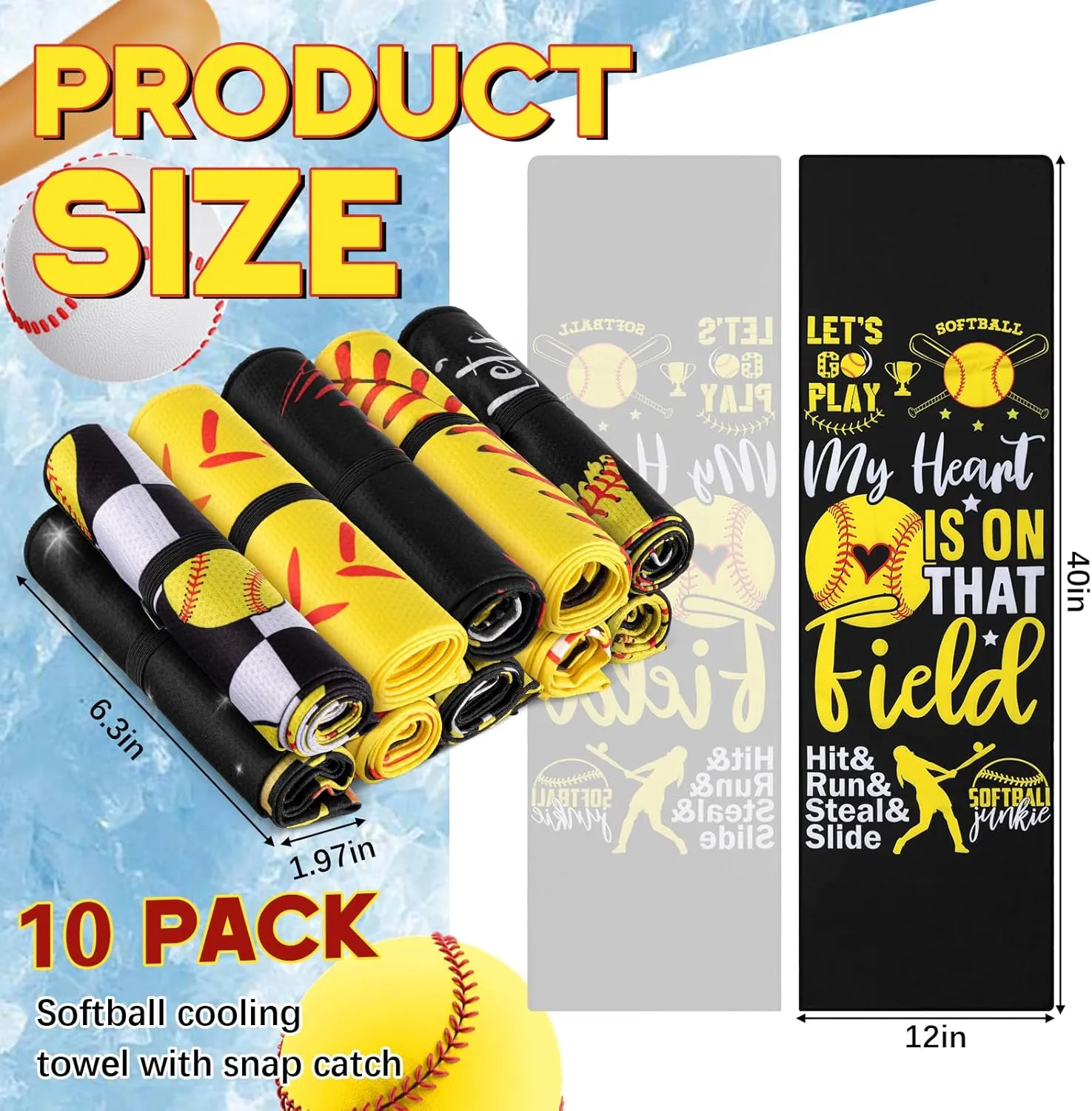 10 Pack Softball Cooling Towel with Buckle for Neck and Face 40" x 12" Summer Quick Dry Soft Breathable Chilly Ice Towel for Yoga, Sport, Workout, Gym, Camping, Softball Gifts Player Team Gift