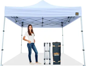10x10 Heavy Duty Pop Up Canopy - EZ Up, Commercial Grade Aluminum Frame, 42” Folded Frame Height, UPF 50 , Adjustable Portable Tent for Beach, Events, Camping, Roller Bag (White)