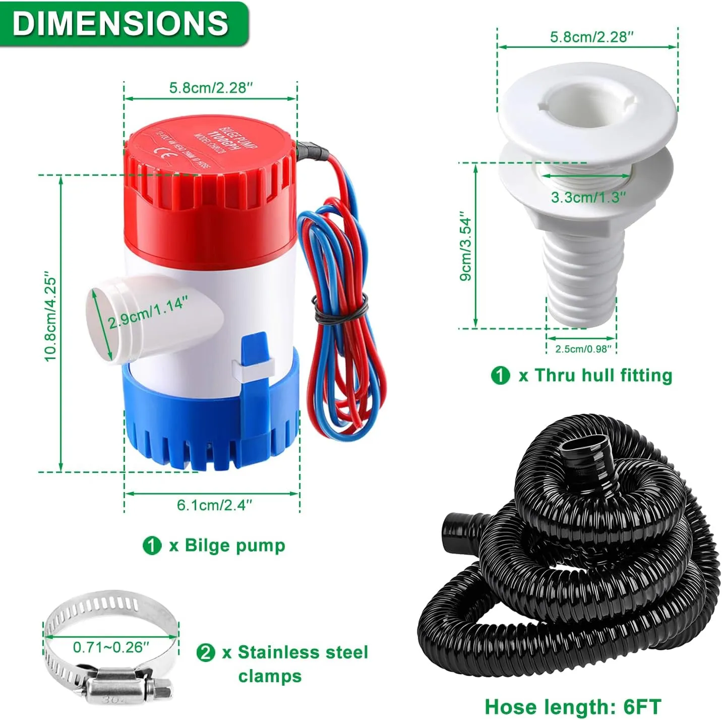 1100GPH Marine Bilge Pump 12V Submersible 1-1/8 inch Diameter Electic Rule Bilge Water Pump Plumbing Kit with 6FT Hose 2Pcs Clamps and Through Hull Fittings for Boat RV Yacht Caravan
