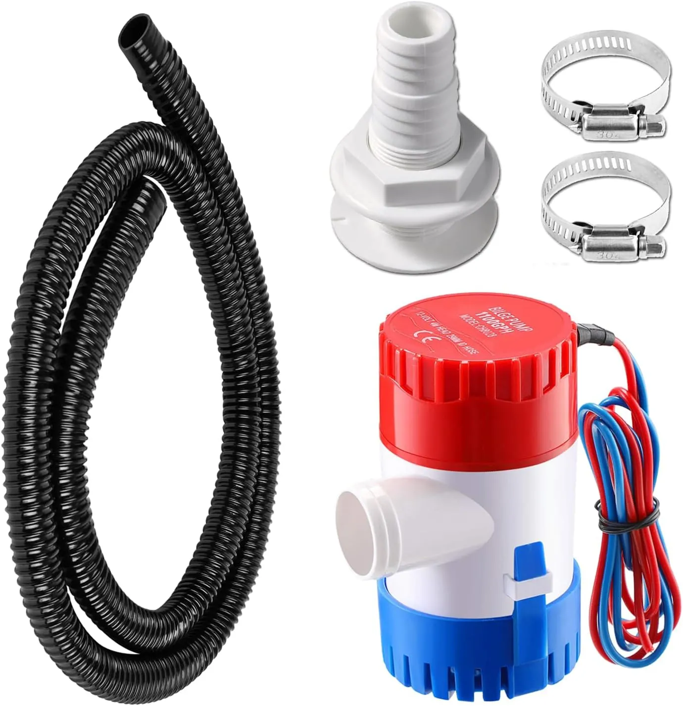 1100GPH Marine Bilge Pump 12V Submersible 1-1/8 inch Diameter Electic Rule Bilge Water Pump Plumbing Kit with 6FT Hose 2Pcs Clamps and Through Hull Fittings for Boat RV Yacht Caravan