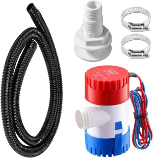 1100GPH Marine Bilge Pump 12V Submersible 1-1/8 inch Diameter Electic Rule Bilge Water Pump Plumbing Kit with 6FT Hose 2Pcs Clamps and Through Hull Fittings for Boat RV Yacht Caravan
