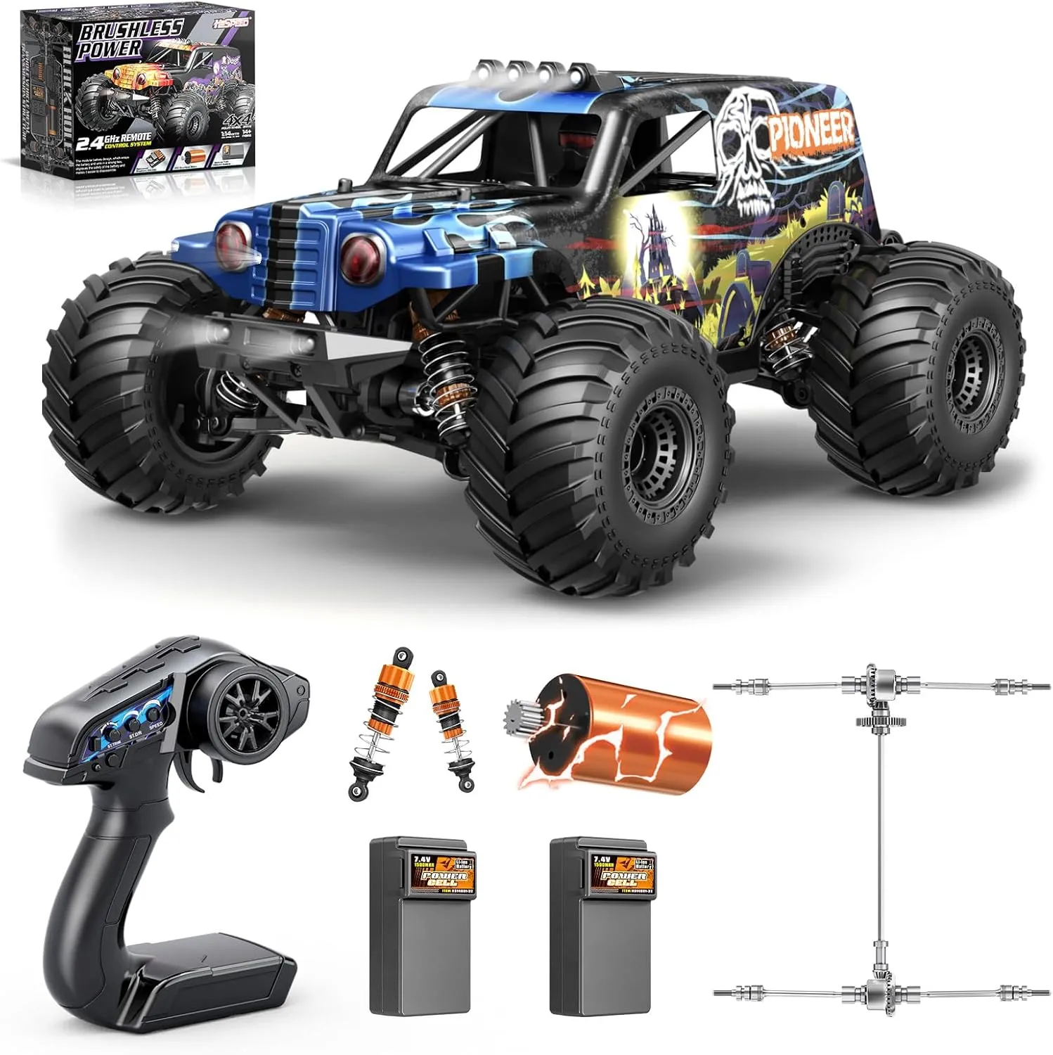 1/14 Brushless RC Cars for Adults, Max 42mph Oil Shock Absorber Electric 4WD High-Speed RC Car, Remote Control car for Adults RC Truck with Two 2S Lipo Batteries, Compatible with 3S Lipo