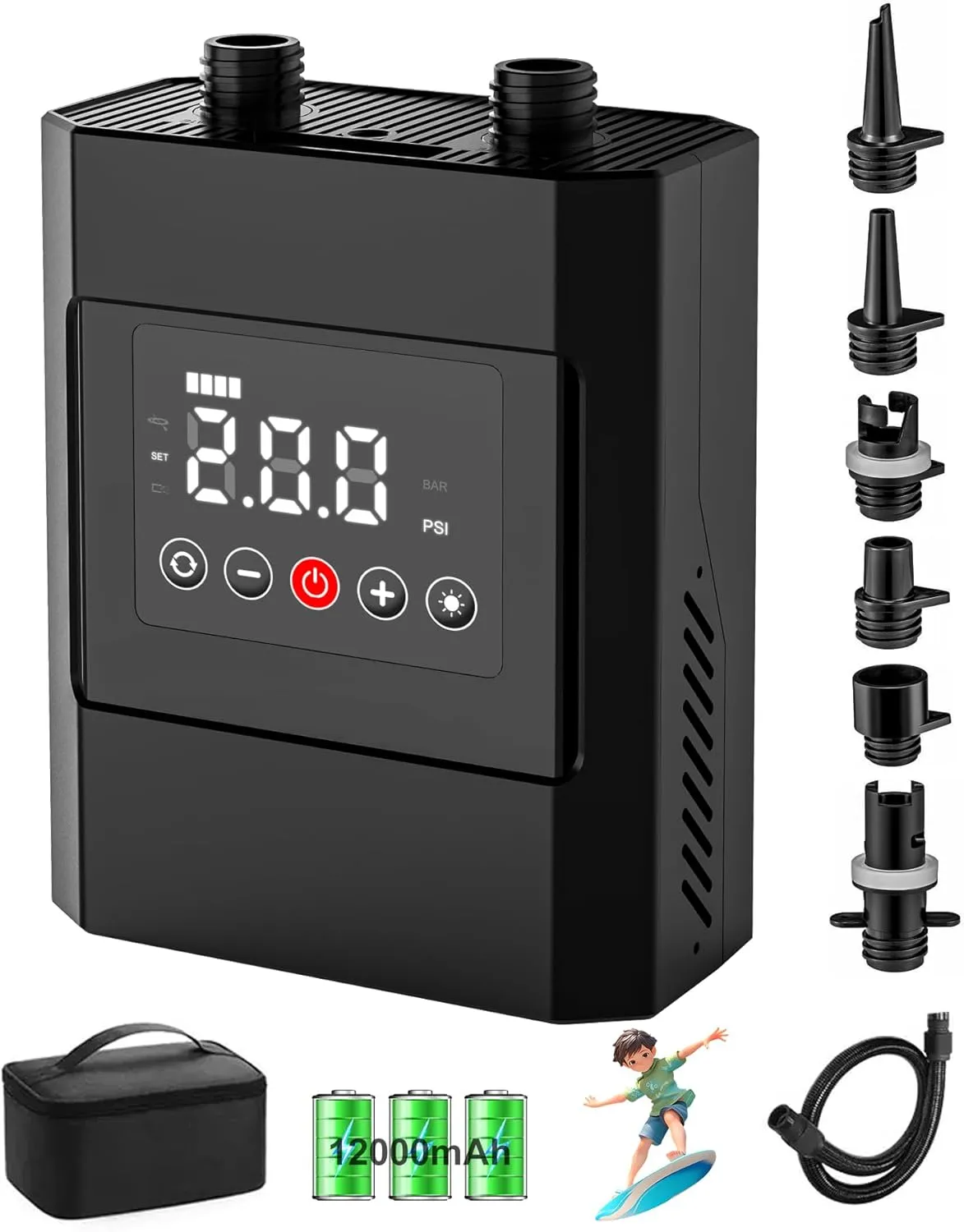 12000mAh Paddle Board Pump Electric 20PSI, Rechargeable Battery Inflatable SUP Air Pump Portable, Intelligent Dual-Stage Inflation & Deflation, Auto-Off Pump for Stand Up Paddleboard, Kayaks