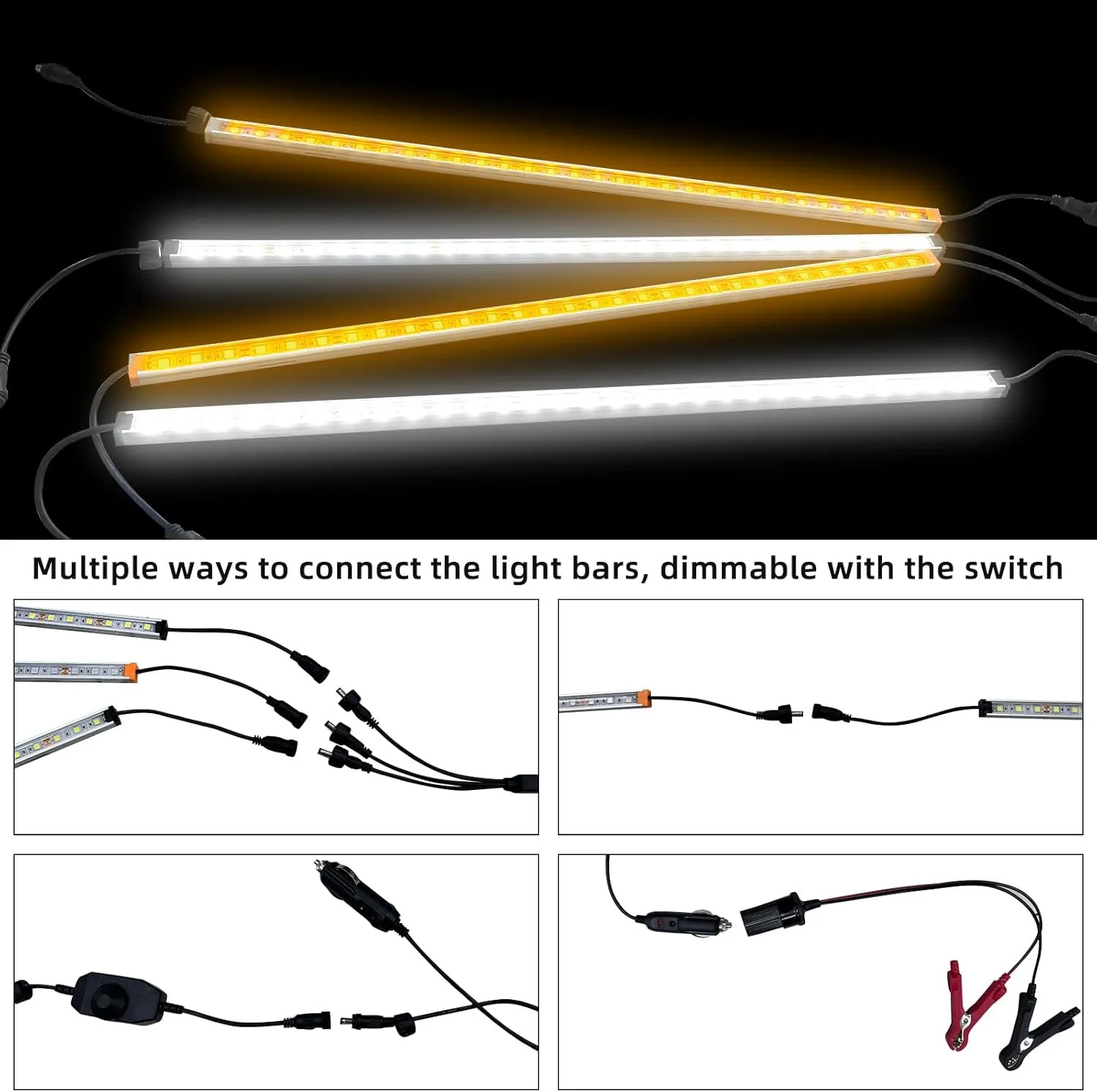 12V LED Interior Light Bar Kit Dimmable Camping String Lights Weatherproof IP67, Magnetic Mounting, All-in-One Portable Lighting for RV, Camping Tent Car Trailer Boat,White and Amber, 4Pcs