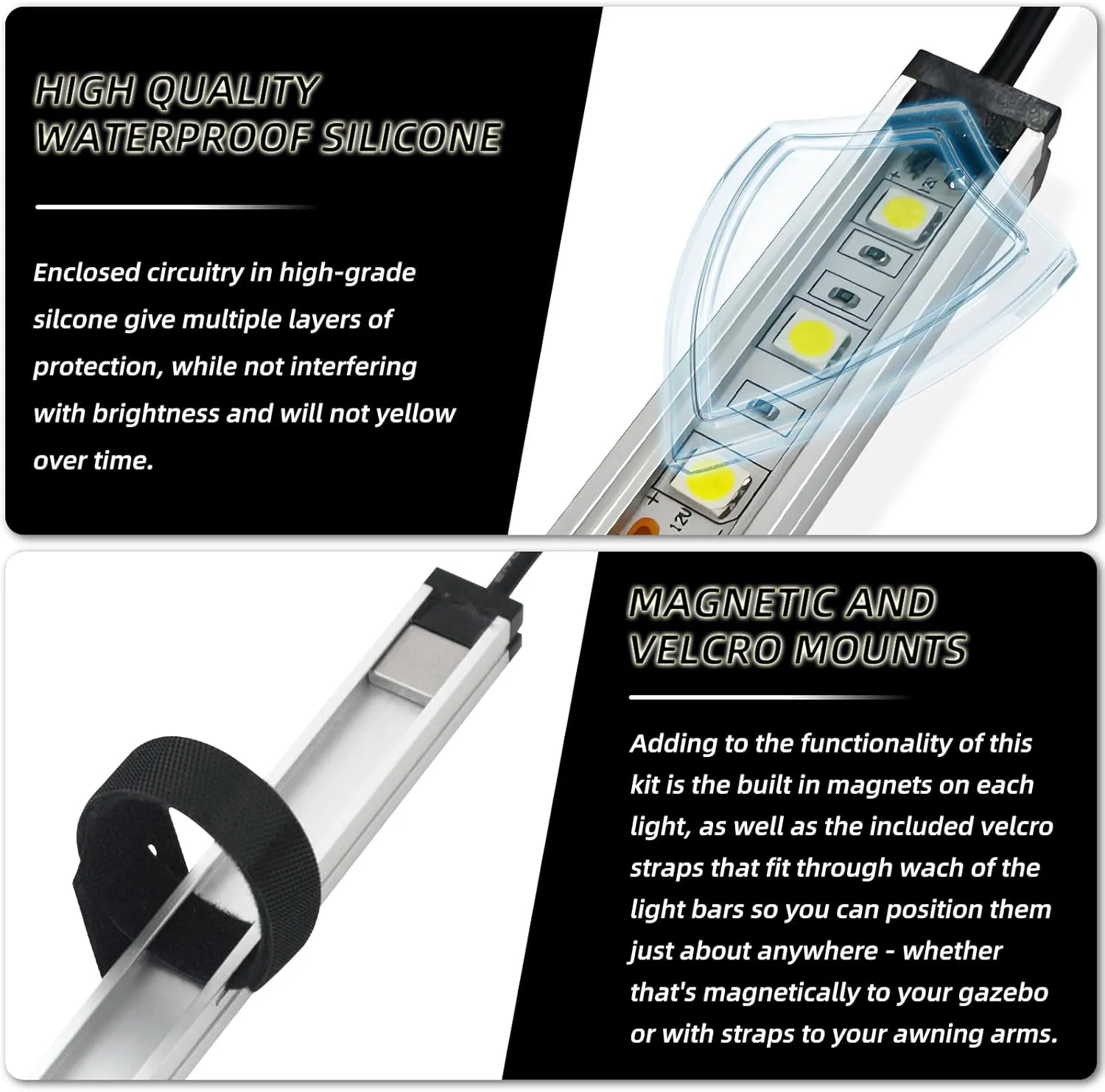 12V LED Interior Light Bar Kit Dimmable Camping String Lights Weatherproof IP67, Magnetic Mounting, All-in-One Portable Lighting for RV, Camping Tent Car Trailer Boat,White and Amber, 4Pcs