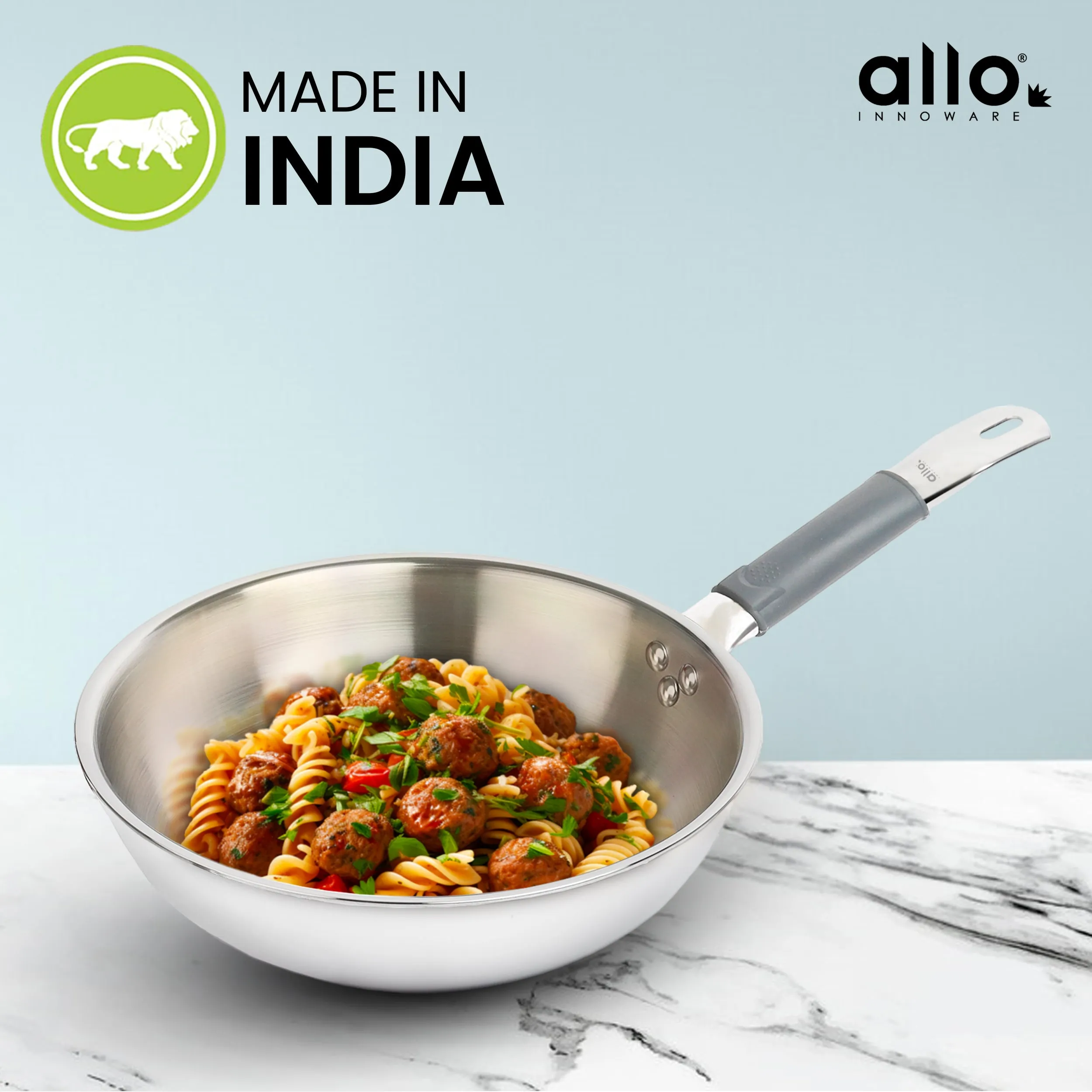 1.5L Allo CookSafe TriPly Wok | Stainless Steel | Induction Friendly | 20cm