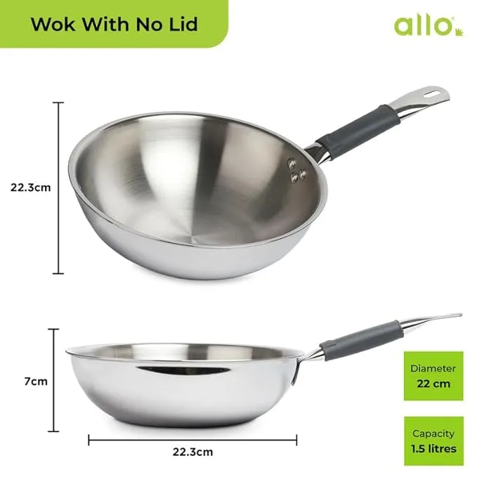 1.5L Allo CookSafe TriPly Wok | Stainless Steel | Induction Friendly | 20cm