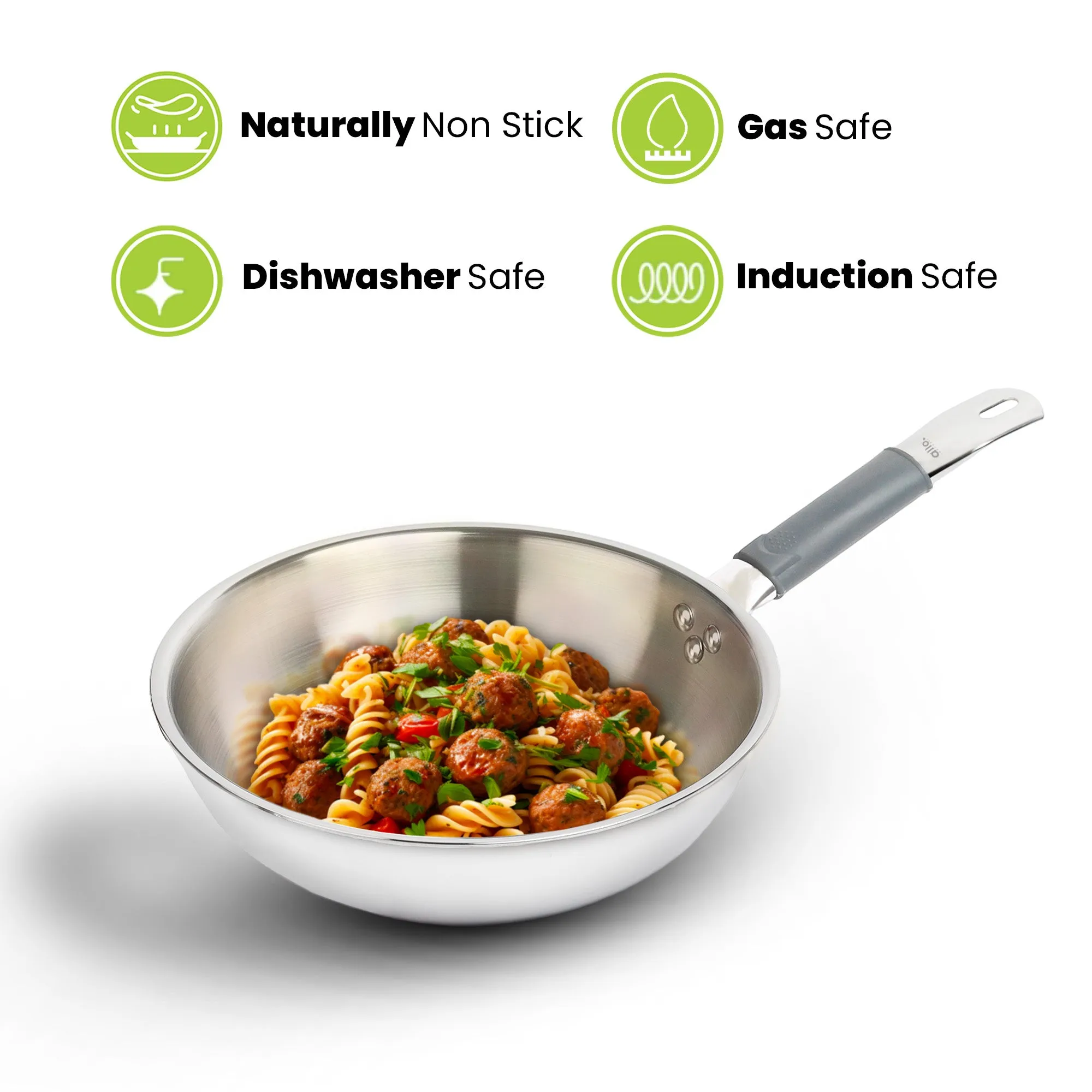 1.5L Allo CookSafe TriPly Wok | Stainless Steel | Induction Friendly | 20cm