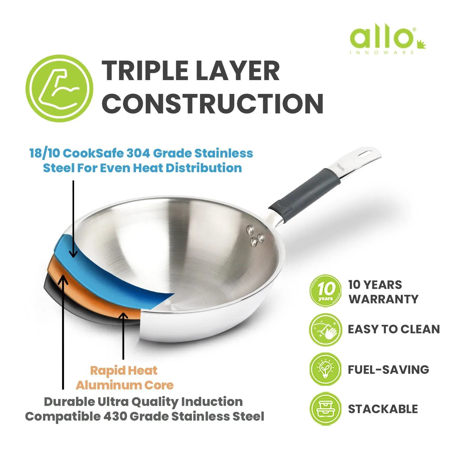 1.5L Allo CookSafe TriPly Wok | Stainless Steel | Induction Friendly | 20cm