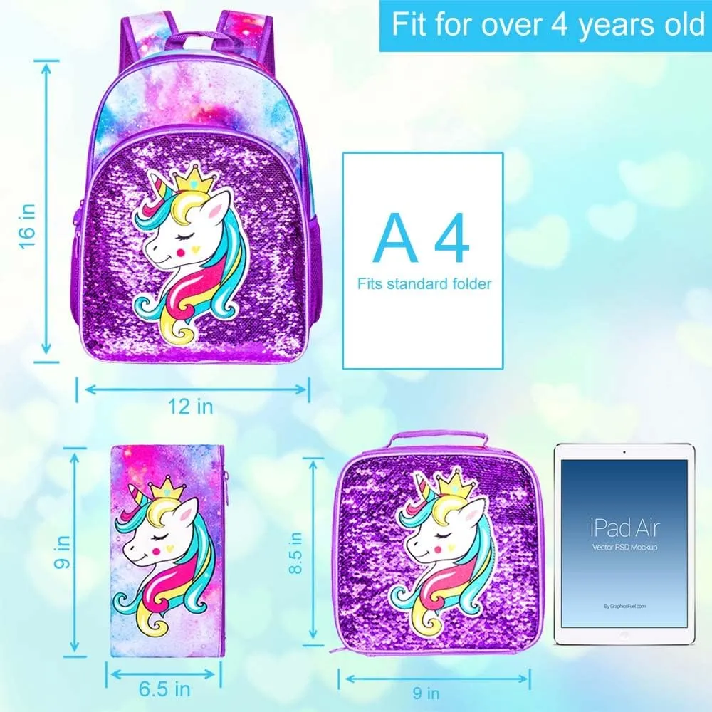 16" Backpack for Girls Boys 4-8, 3Pcs Kids Bookbag Set with Lunch Box, School Bag for Preschool Kindergarten