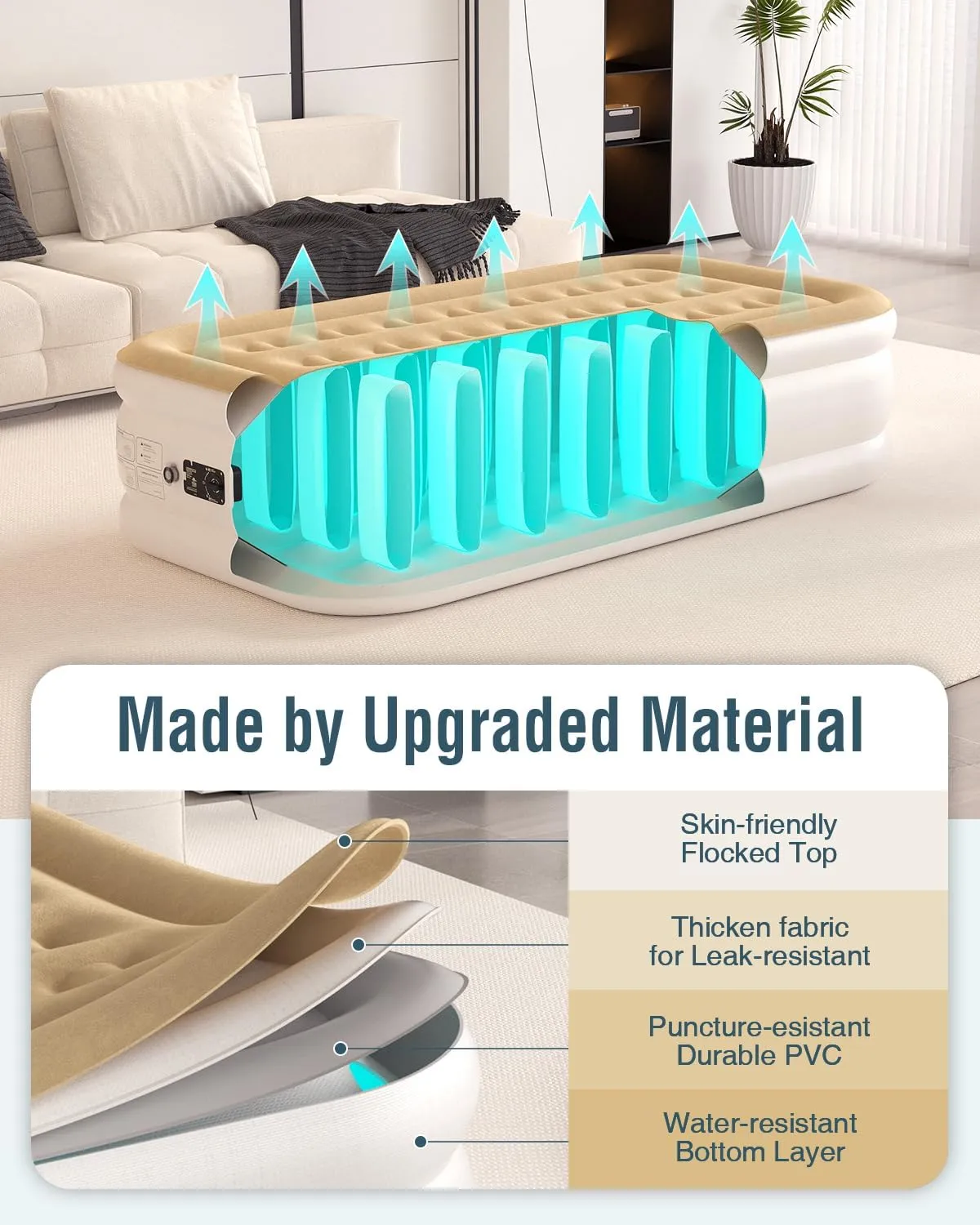 18 Inches Twin Air Mattress for Camping & Guest, Antileak Blow Up Mattress with Soft Flocked Top, Portable & Foldable Air Mattress Twin with Built in Pump, Waterproof Inflatable Mattress