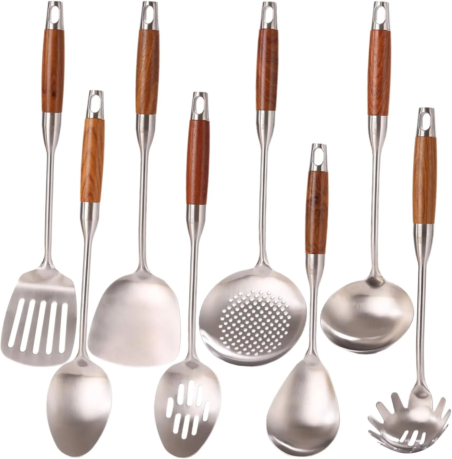 18/10 Stainless Steel Kitchen Utensils Set with Wood Handle - 15”Metal Cooking Tools & Serving Utensil, 8-Pieces Cooking Spoons Set - Spatula, Ladle, Skimmer, Turner, Pasta, Solid Spoon, Slotted Spoon