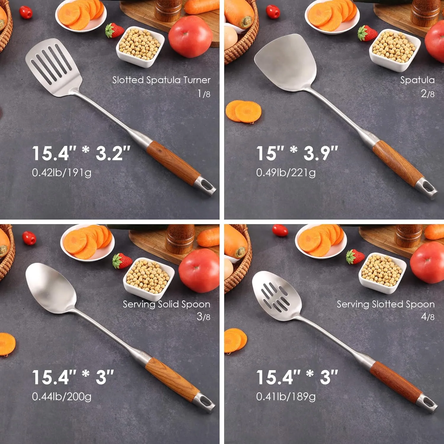 18/10 Stainless Steel Kitchen Utensils Set with Wood Handle - 15”Metal Cooking Tools & Serving Utensil, 8-Pieces Cooking Spoons Set - Spatula, Ladle, Skimmer, Turner, Pasta, Solid Spoon, Slotted Spoon
