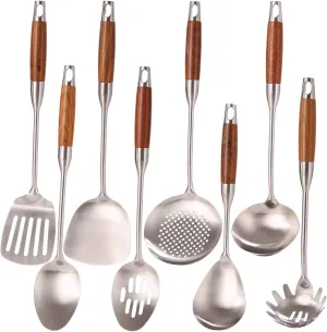 18/10 Stainless Steel Kitchen Utensils Set with Wood Handle - 15”Metal Cooking Tools & Serving Utensil, 8-Pieces Cooking Spoons Set - Spatula, Ladle, Skimmer, Turner, Pasta, Solid Spoon, Slotted Spoon