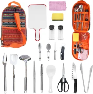 19pcs Camping Cooking Utensil Kit Portable Picnic Cookware Outdoor Kitchen Equipment Gear Campfire Barbecue Appliances with Storage Bag