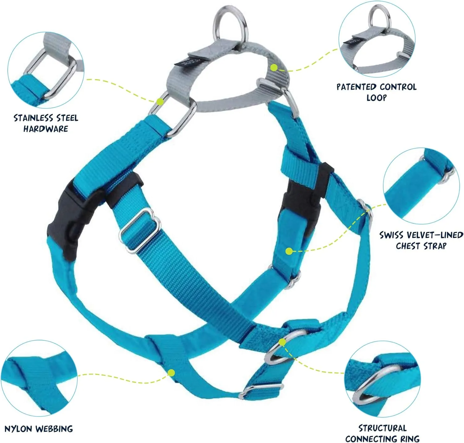2 Hounds Design Freedom No Pull Dog Harness, Adjustable Harness, Easy Walking & Comfortable Control, Fits Small, Medium & Large Dogs, Solid Colors, Made in USA, 1" MD, Turquoise