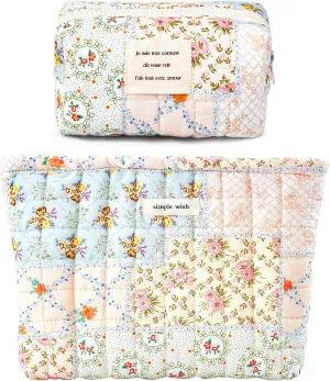 2 Pieces Floral Makeup Bag, Cute Travel Quilted Pouch Cosmetic Bag Organizer, Small Cotton Coquette Aesthetic Purse Toiletry Bag for Women Girls accessories (Blue Flower-2PCS)
