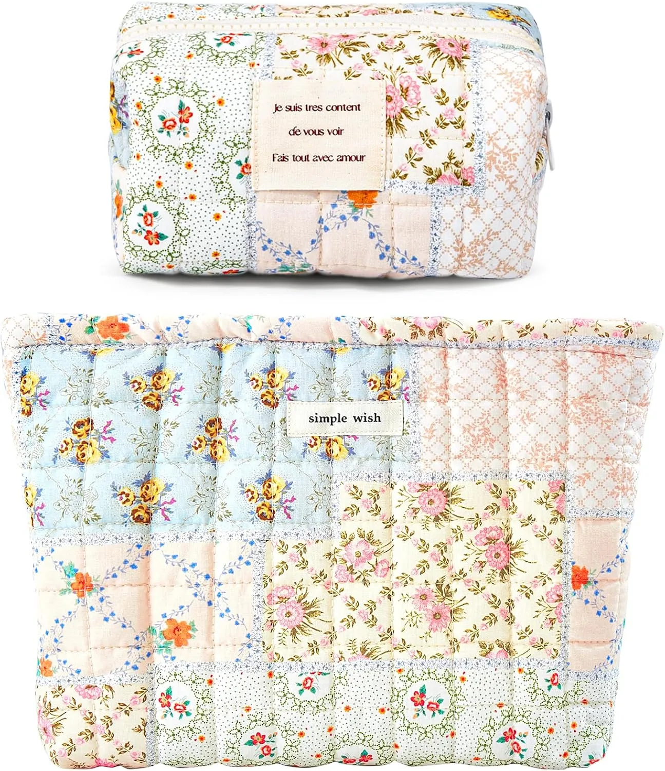 2 Pieces Floral Makeup Bag, Cute Travel Quilted Pouch Cosmetic Bag Organizer, Small Cotton Coquette Aesthetic Purse Toiletry Bag for Women Girls accessories (Blue Flower-2PCS)