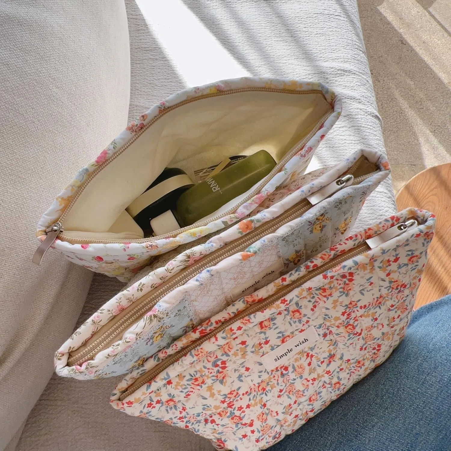 2 Pieces Floral Makeup Bag, Cute Travel Quilted Pouch Cosmetic Bag Organizer, Small Cotton Coquette Aesthetic Purse Toiletry Bag for Women Girls accessories (Blue Flower-2PCS)