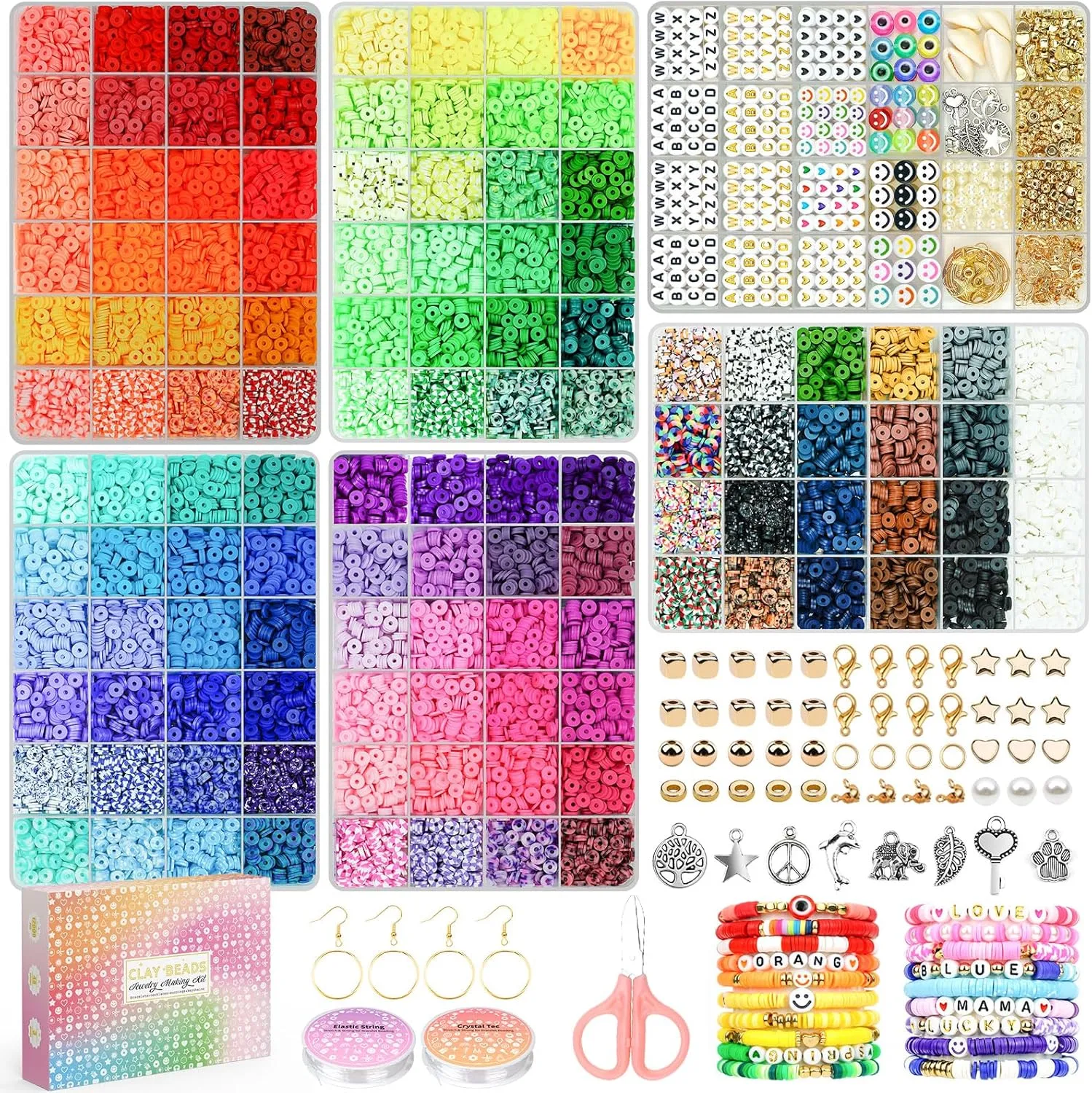 20,000 Pcs Clay Beads Bracelet Making Kit, 120 Colors 6 Boxes Polymer Beads Spacer Heishi Beads & Jewelry Kit with Pendant Charms Elastic Strings, Crafts Gift for Kids Adults1