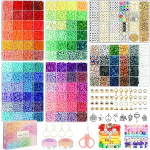 20,000 Pcs Clay Beads Bracelet Making Kit, 120 Colors 6 Boxes Polymer Beads Spacer Heishi Beads & Jewelry Kit with Pendant Charms Elastic Strings, Crafts Gift for Kids Adults1