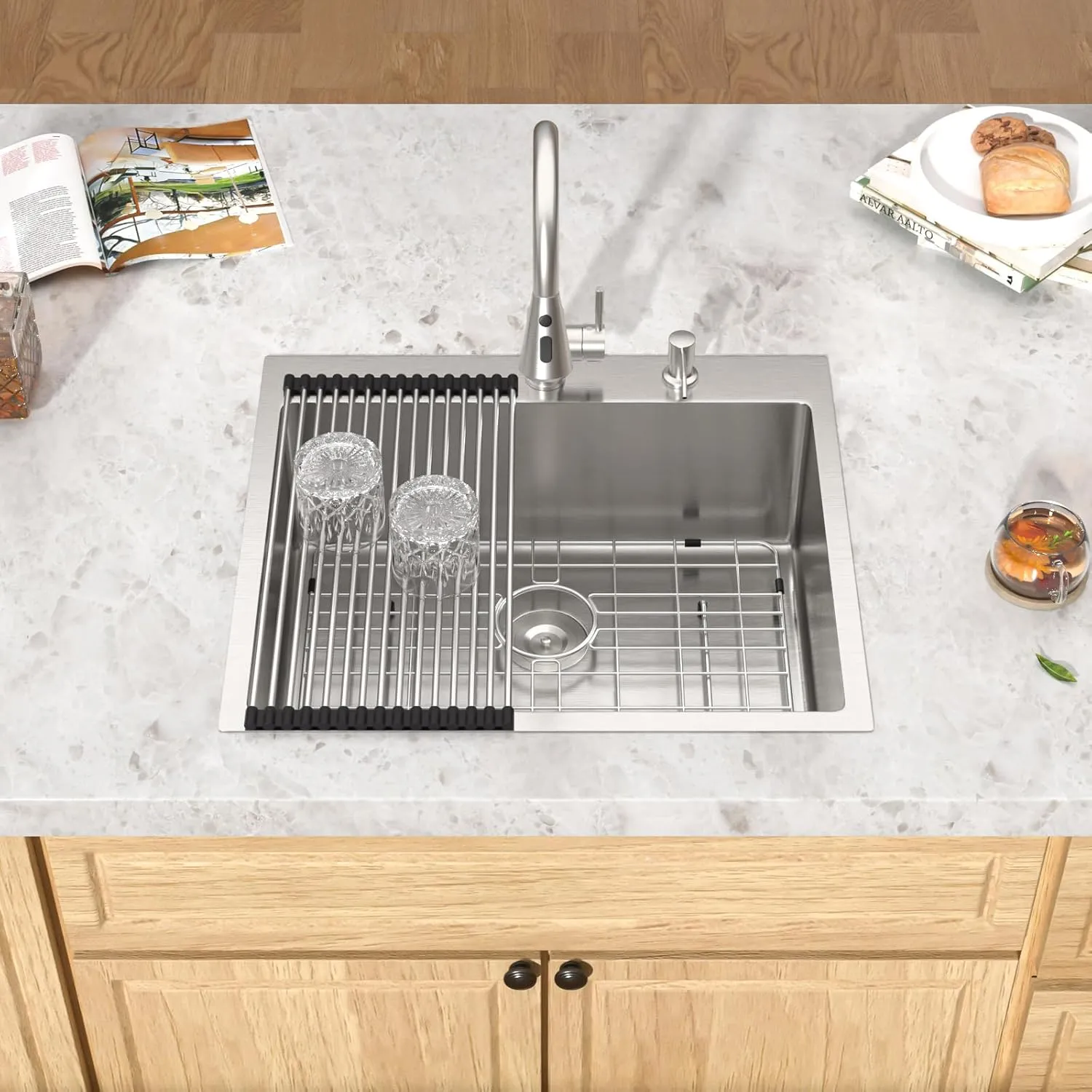 25 Inch Drop in Kitchen Sink - 16 Gauge Stainless Steel Topmount Kitchen Sink Single Bowl Handmade Deep Over Counter Sinks Basin Round Corner, 25"x22"x9" #TLT-0036