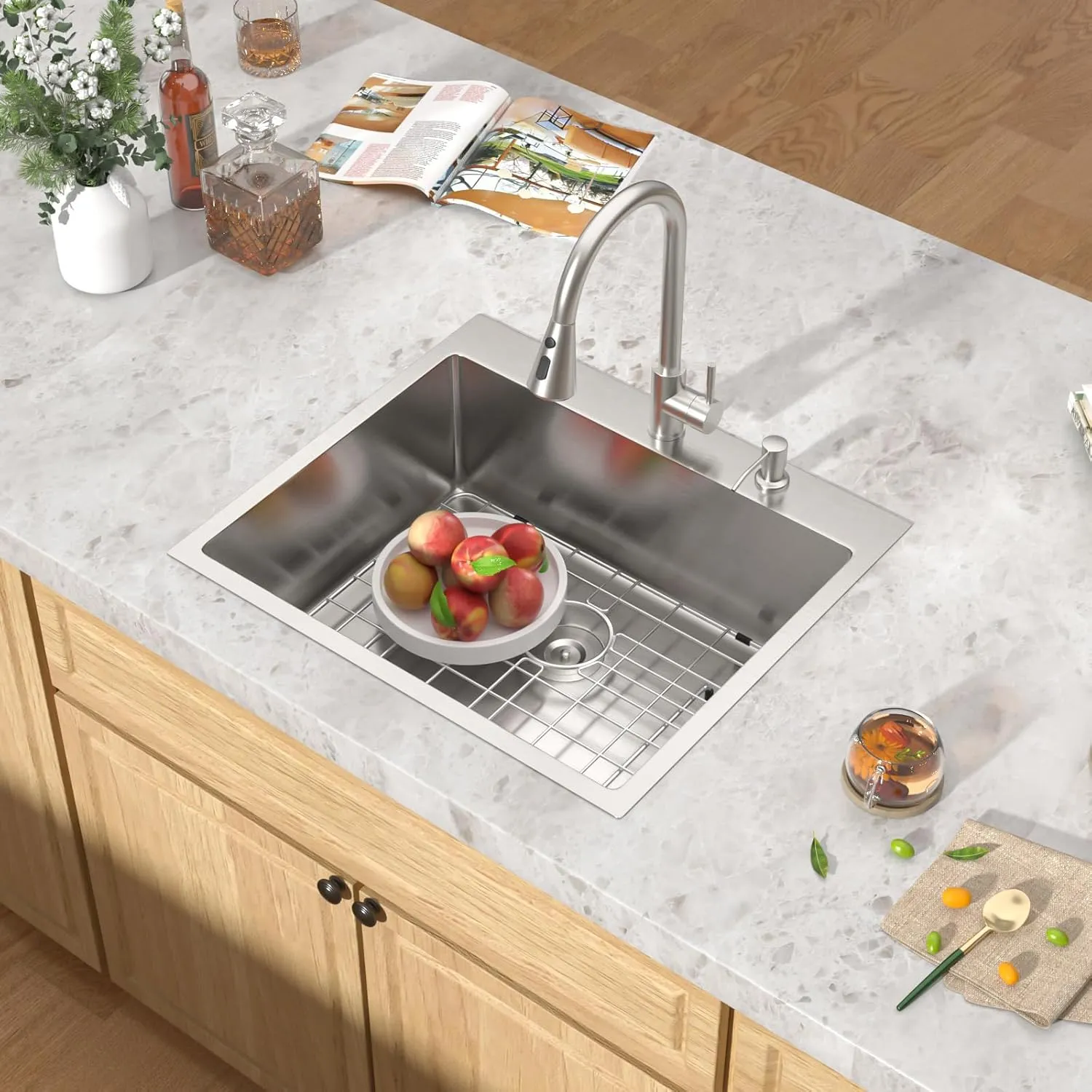 25 Inch Drop in Kitchen Sink - 16 Gauge Stainless Steel Topmount Kitchen Sink Single Bowl Handmade Deep Over Counter Sinks Basin Round Corner, 25"x22"x9" #TLT-0036