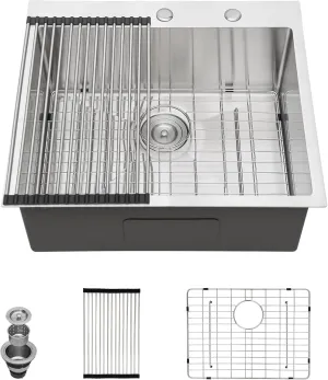 25 Inch Drop in Kitchen Sink - 16 Gauge Stainless Steel Topmount Kitchen Sink Single Bowl Handmade Deep Over Counter Sinks Basin Round Corner, 25"x22"x9" #TLT-0036