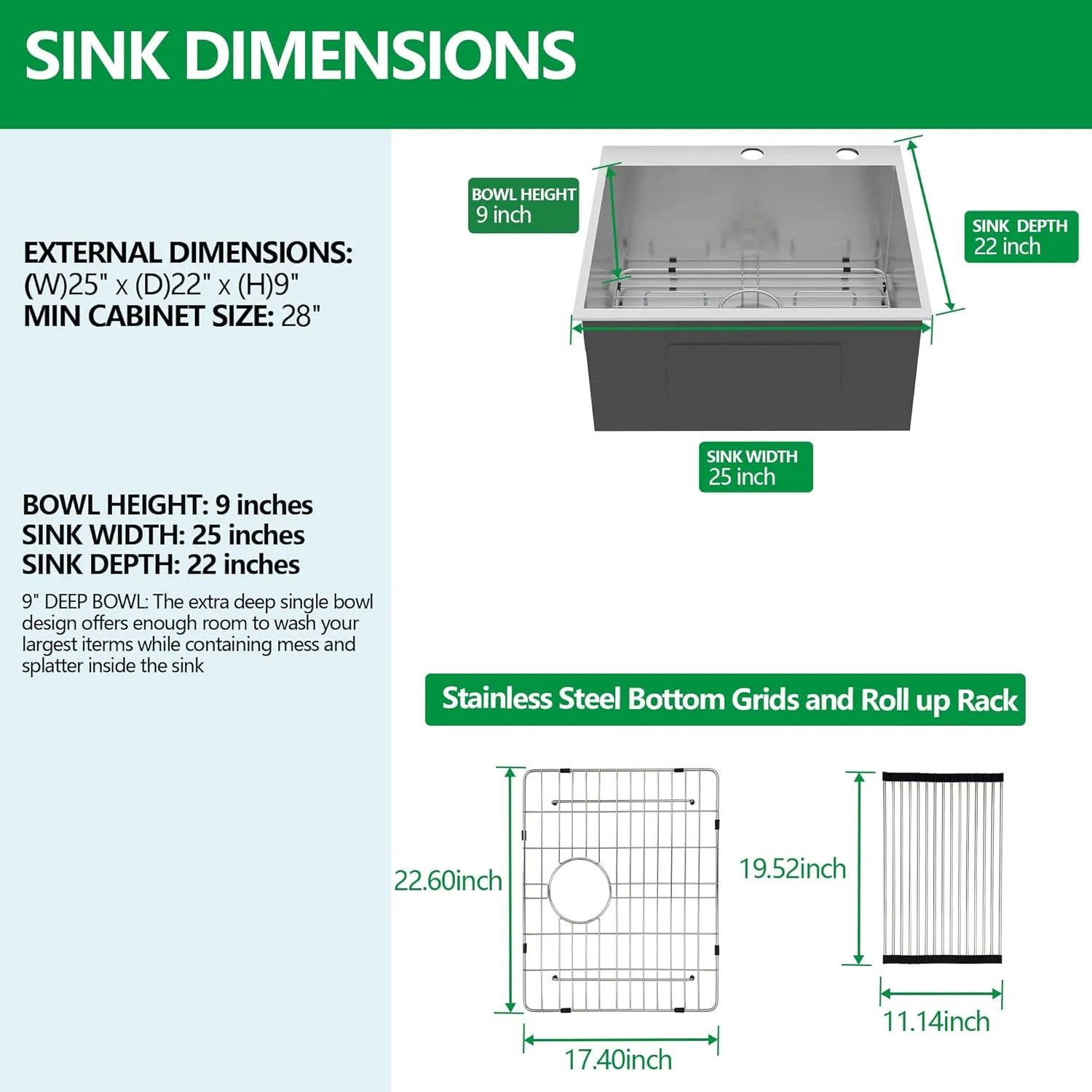 25 Inch Drop in Kitchen Sink - 16 Gauge Stainless Steel Topmount Kitchen Sink Single Bowl Handmade Deep Over Counter Sinks Basin Round Corner, 25"x22"x9" #TLT-0036