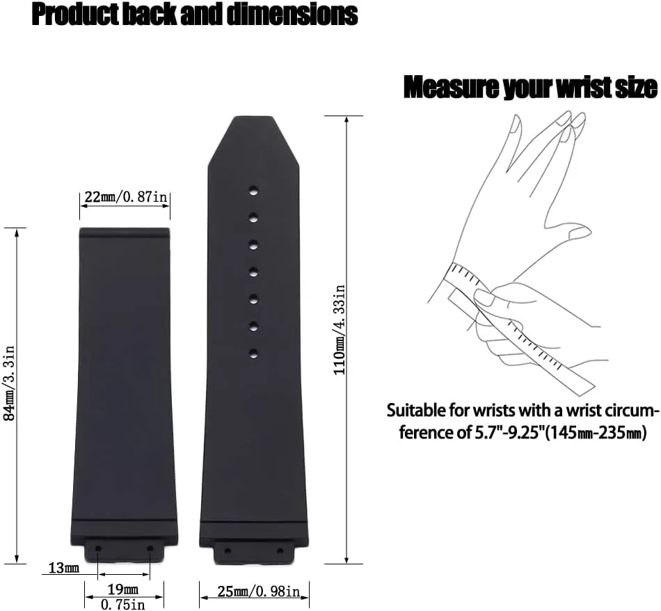 25mm x 19mm Big Bang Rubber Strap Compatible with Hublot Big Bang Silicone Diamond grain texture Replacement Watch Band