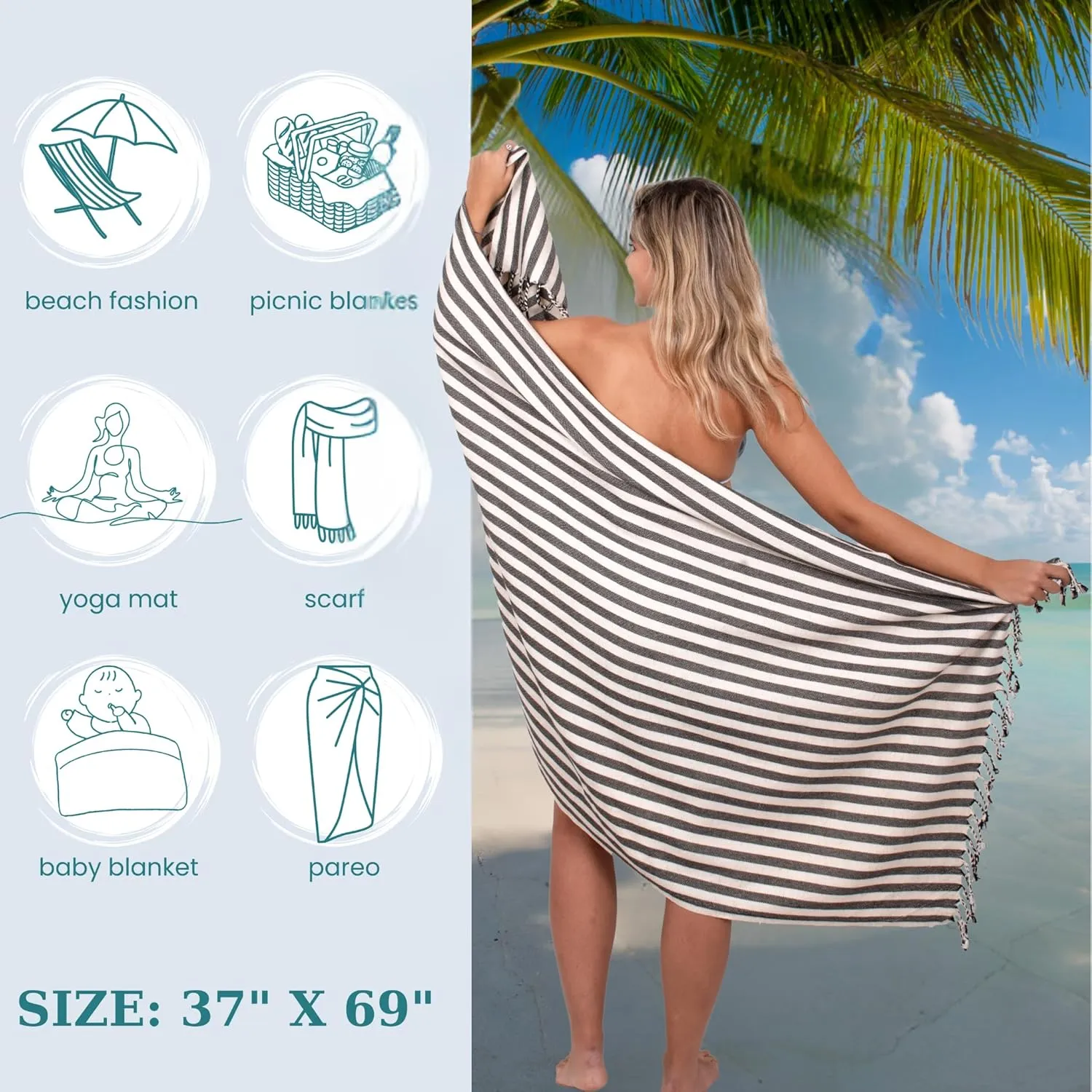 2in1 Beach Towel & Backpack – Made from Premium Turkish Cotton! Bathroom Towels Adult Travel Essentials Cruise Accessories Vacation Yoga Mat Soft Feel High Absorbent Sand Free Quick Dry