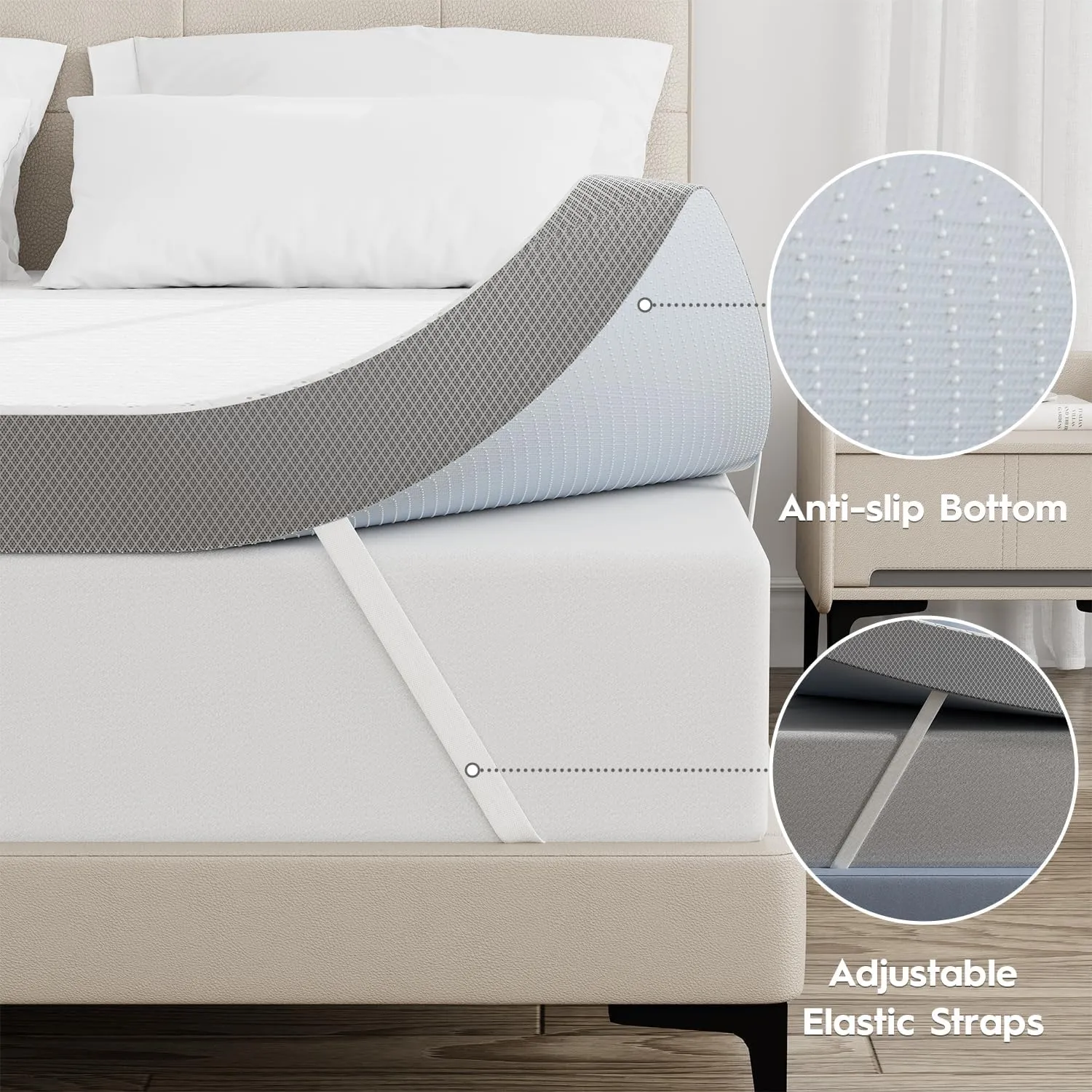 3 Inch Cooling Mattress Topper Queen, Ice Silk with Gel-Infused 40D Memory Foam Bed Topper Pad with Removable Soft Cover, Pressure Relief & Non-Slip (White, Queen)