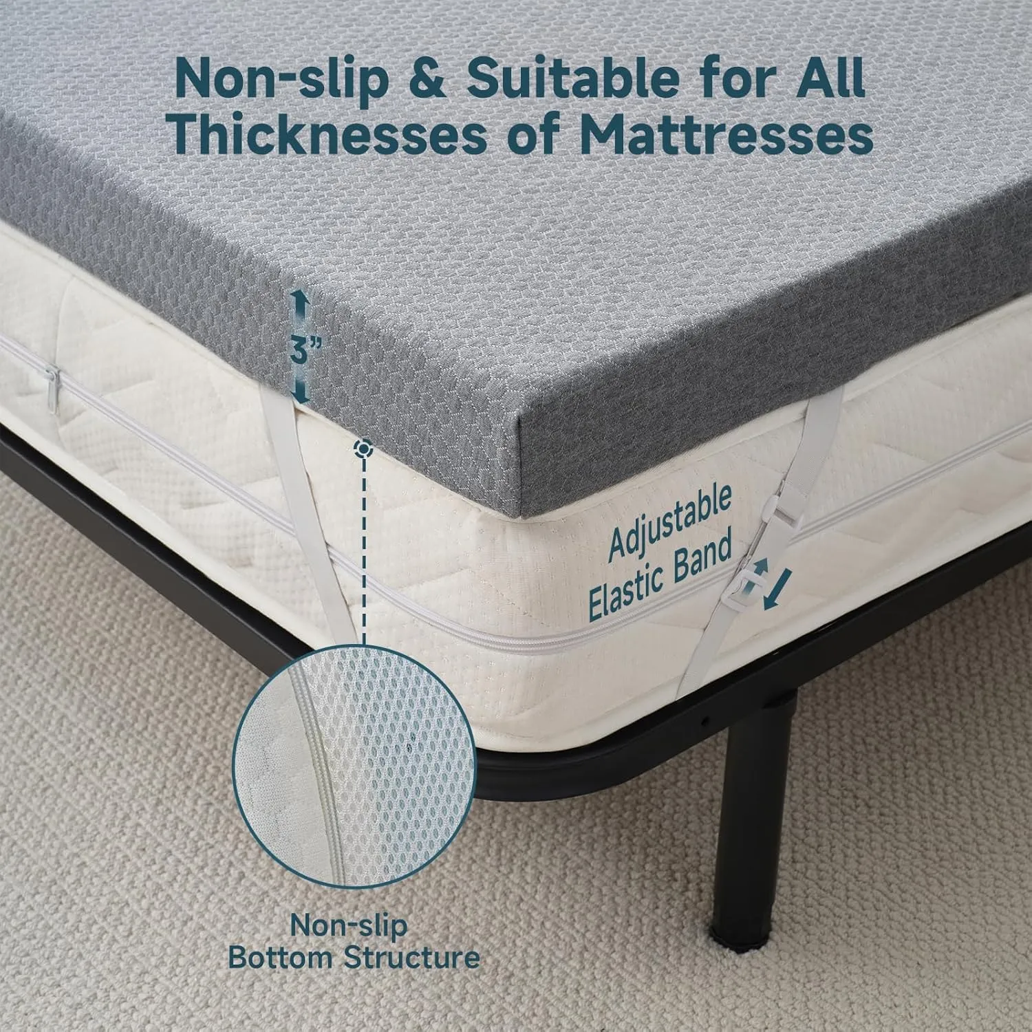 3 Inch Twin Memory Foam Mattress Topper, Cooling Gel Bed Topper with Premium Removable Skin-Friendly Non-Slip Cover, High Density Ventilated Mattress Pad CertiPUR-US & Oeko-Tex Certified, Grey
