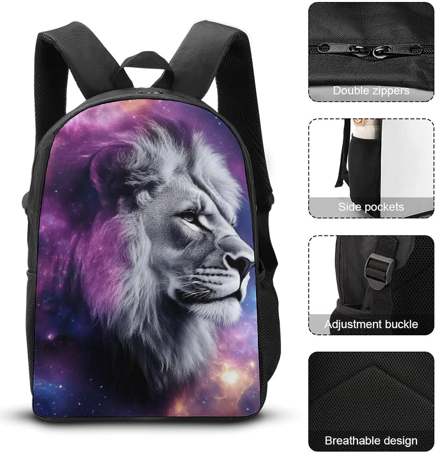 3 Piece Backpack Set, Purple Galaxy Lion Starry Art Casual Backpack Reusable Insulated Lunchbox with Stationery Pencil Pouch 17 Inch Daypack