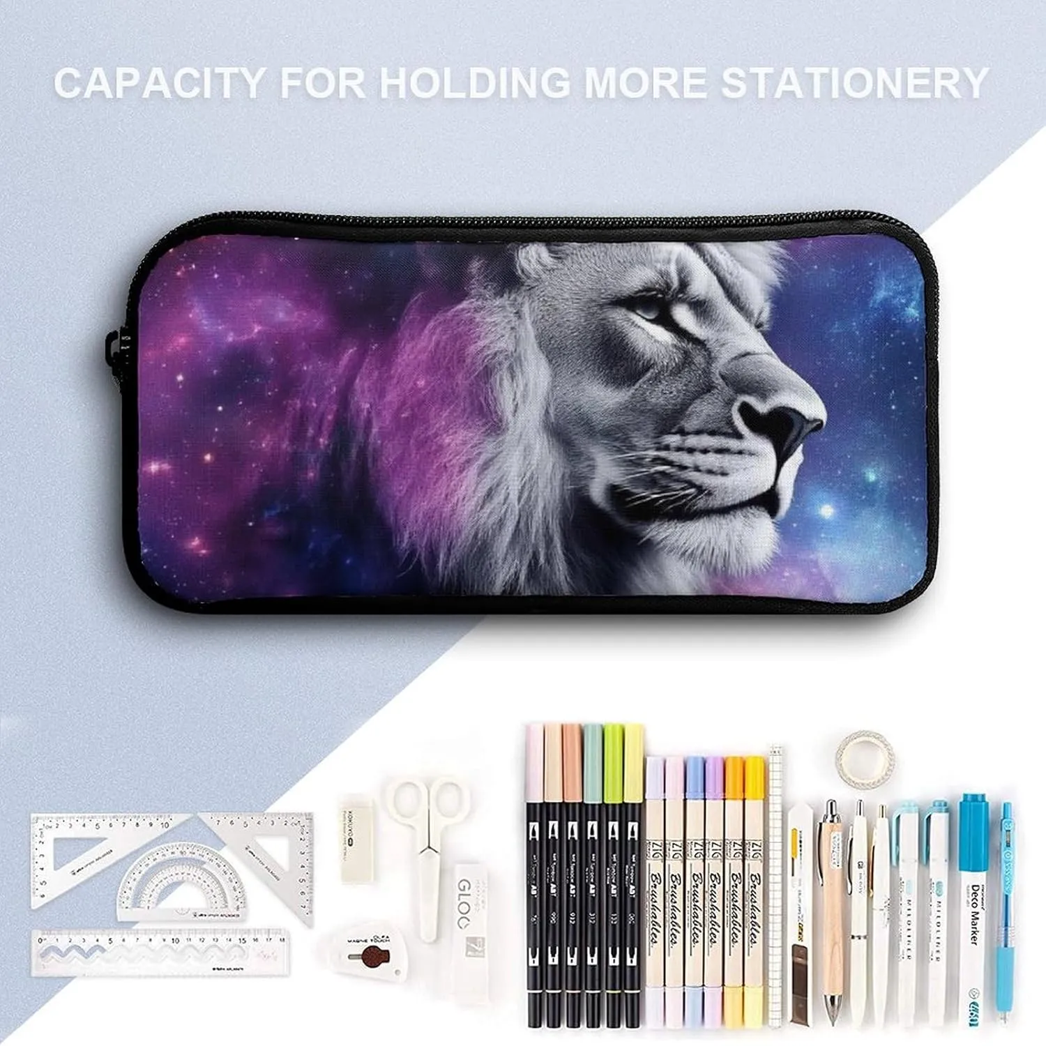 3 Piece Backpack Set, Purple Galaxy Lion Starry Art Casual Backpack Reusable Insulated Lunchbox with Stationery Pencil Pouch 17 Inch Daypack