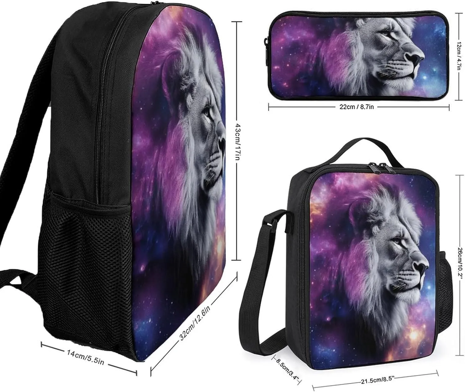 3 Piece Backpack Set, Purple Galaxy Lion Starry Art Casual Backpack Reusable Insulated Lunchbox with Stationery Pencil Pouch 17 Inch Daypack