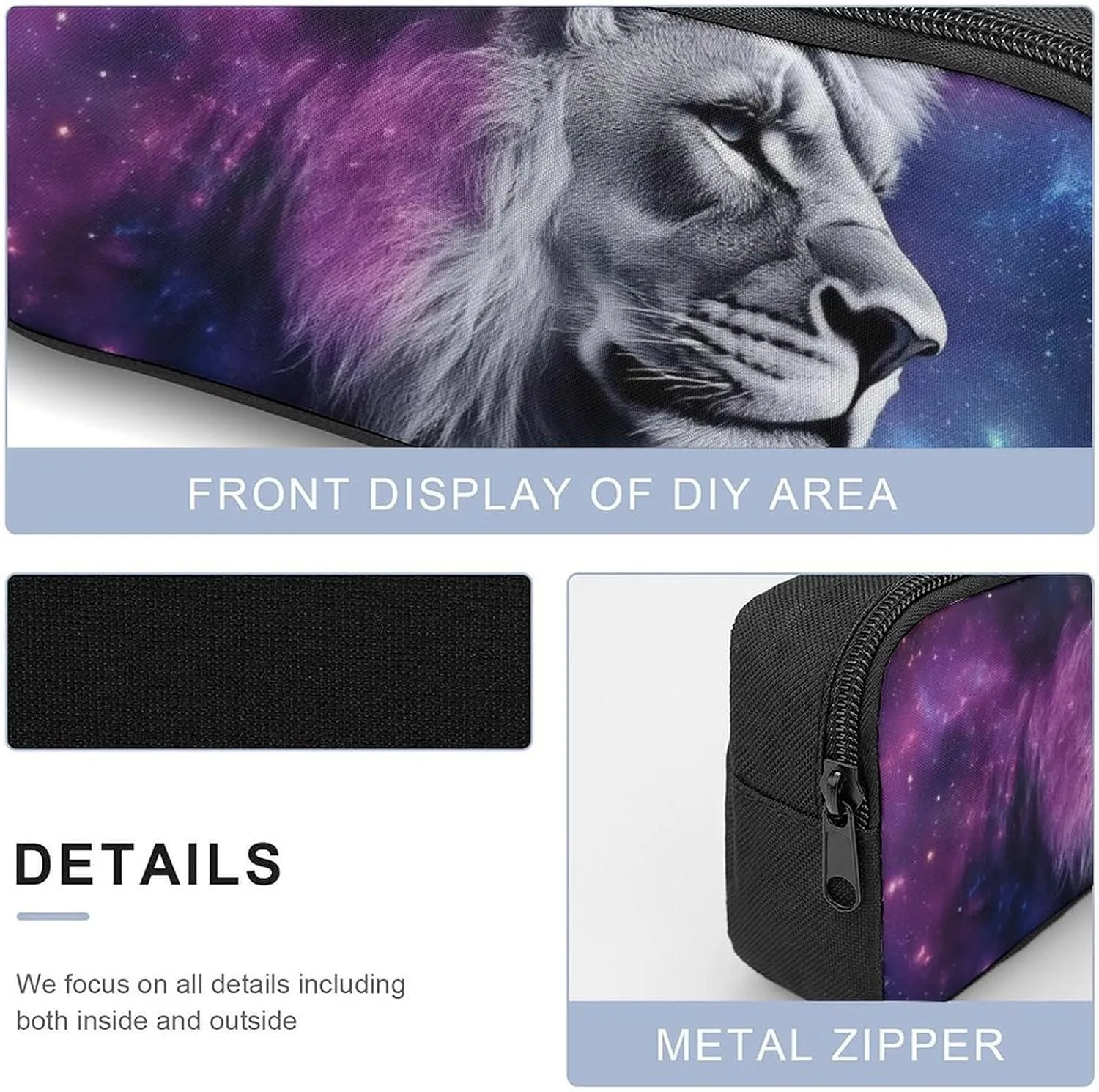 3 Piece Backpack Set, Purple Galaxy Lion Starry Art Casual Backpack Reusable Insulated Lunchbox with Stationery Pencil Pouch 17 Inch Daypack