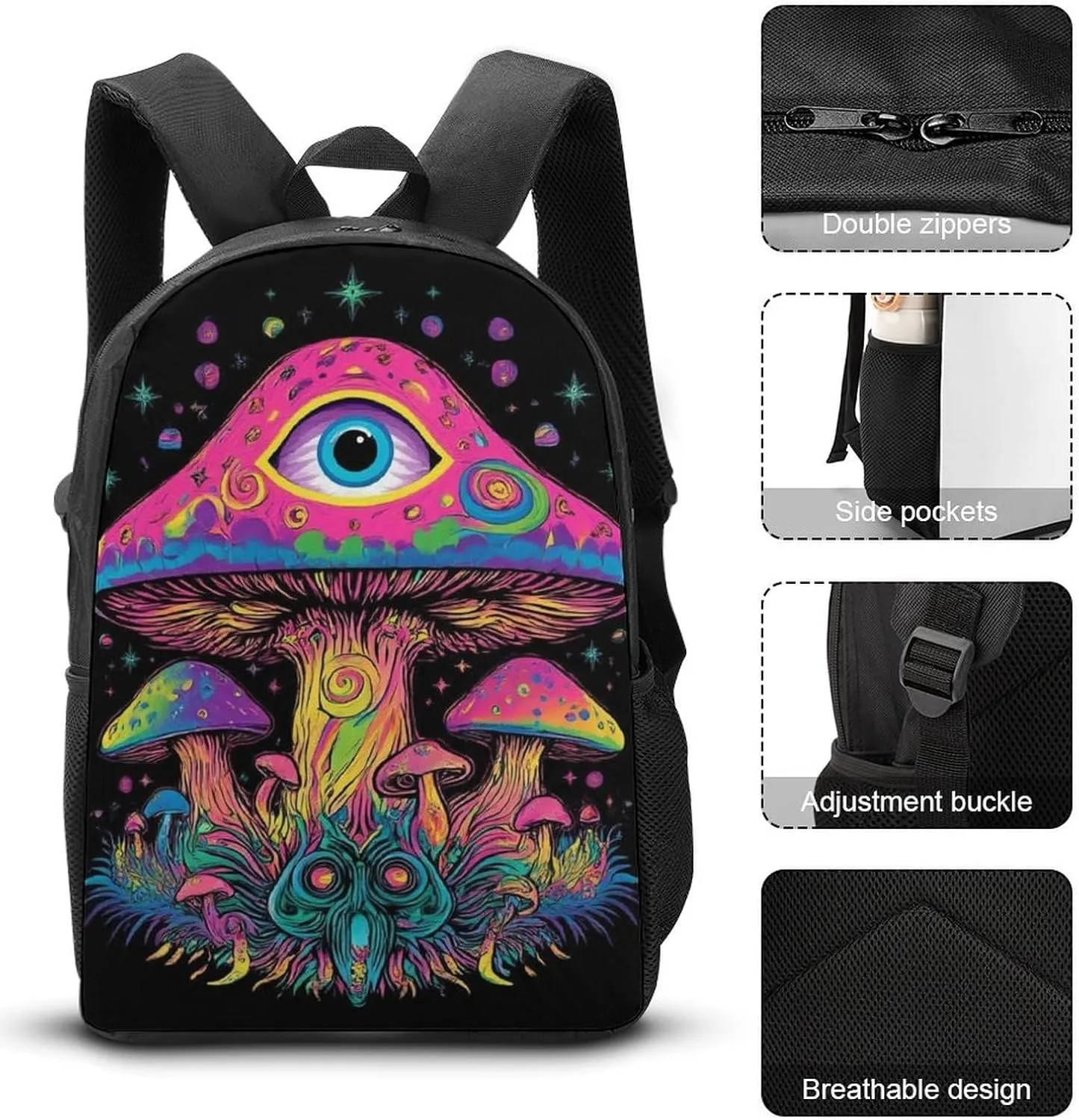 3-Piece Set 17inch Casual Daypack with Lunch Box Pencil Case Trippy Mushrooms Eye Trippy Art Backpack Insulated Lunch Box Zipper Stationery Organizer Case