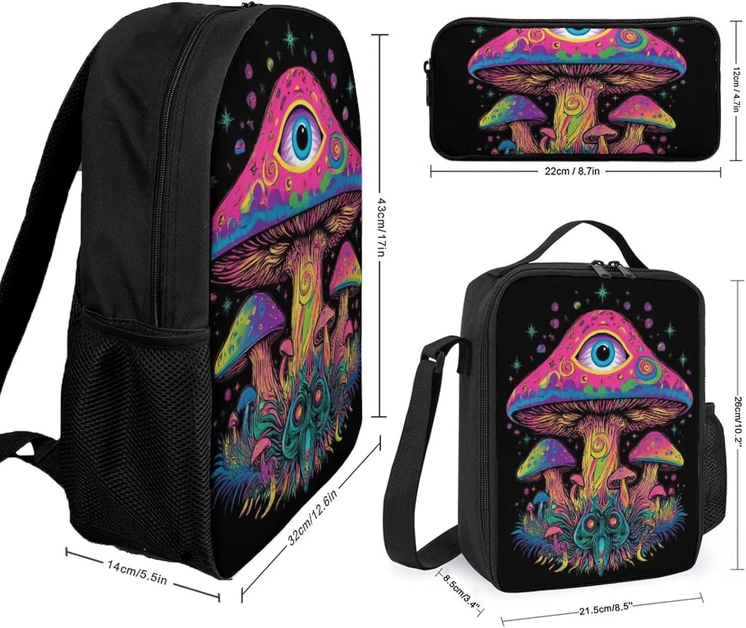 3-Piece Set 17inch Casual Daypack with Lunch Box Pencil Case Trippy Mushrooms Eye Trippy Art Backpack Insulated Lunch Box Zipper Stationery Organizer Case