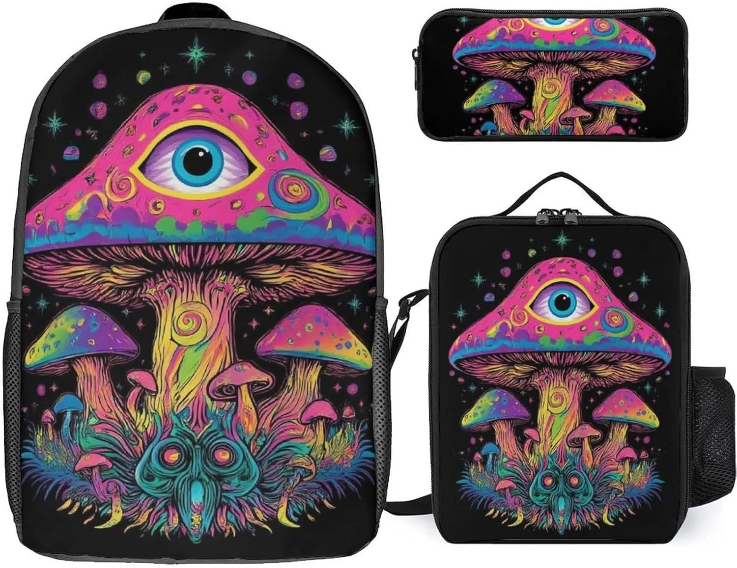 3-Piece Set 17inch Casual Daypack with Lunch Box Pencil Case Trippy Mushrooms Eye Trippy Art Backpack Insulated Lunch Box Zipper Stationery Organizer Case