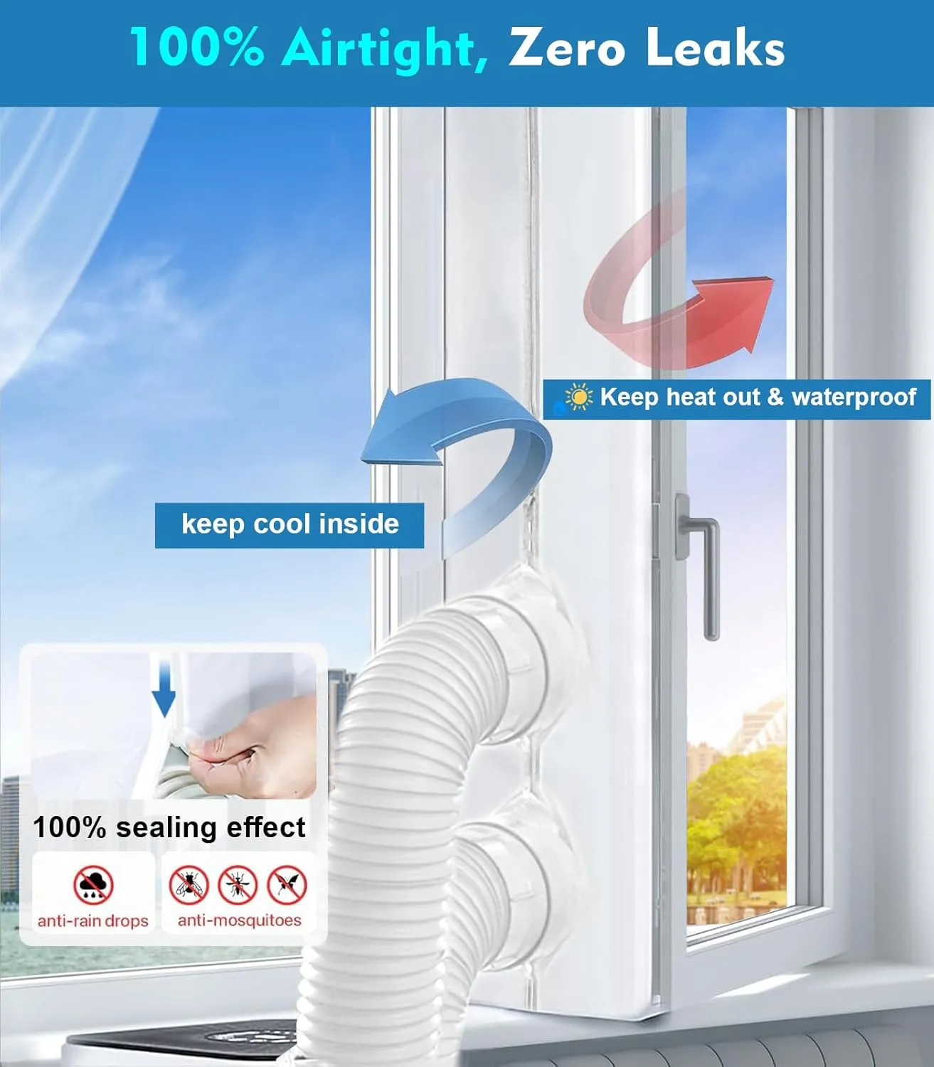 300CM (118") Portable AC Window Seal Kit for Casement Crank Skylight Windows, Newest Waterproof Insulated Window Vent Kit with Flexible Zipper Design for Single&Dual Hose Air Conditioners, No Drilling