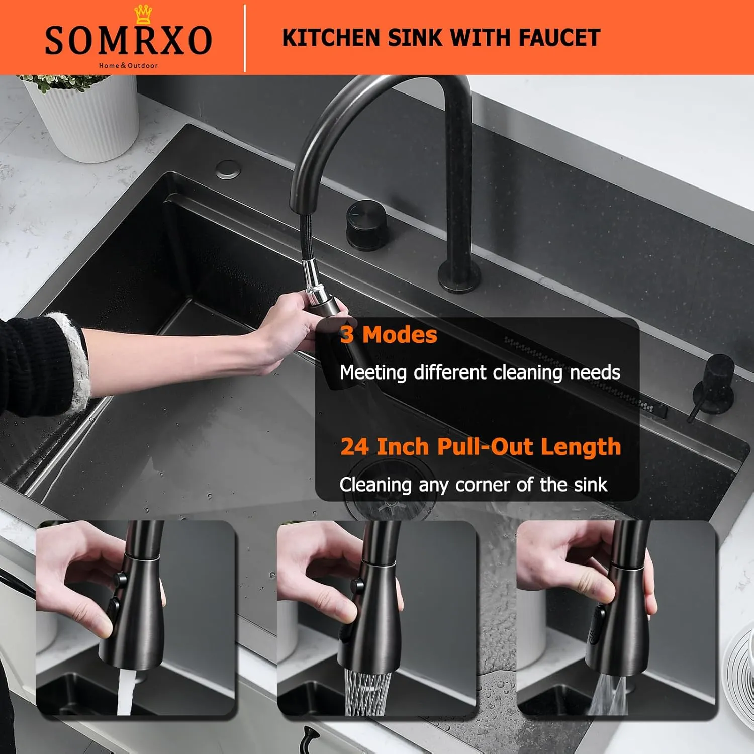 33×22 Black Waterfall Sink with Faucet Combo - 33×22 Drop In Sink with Faucet,16 Gauge Black Stainless Steel Waterfall Kitchen Sinks,10 Inch Deep Single Bowl Workstation Smart Kitchen Sinks