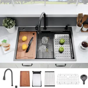 33×22 Black Waterfall Sink with Faucet Combo - 33×22 Drop In Sink with Faucet,16 Gauge Black Stainless Steel Waterfall Kitchen Sinks,10 Inch Deep Single Bowl Workstation Smart Kitchen Sinks