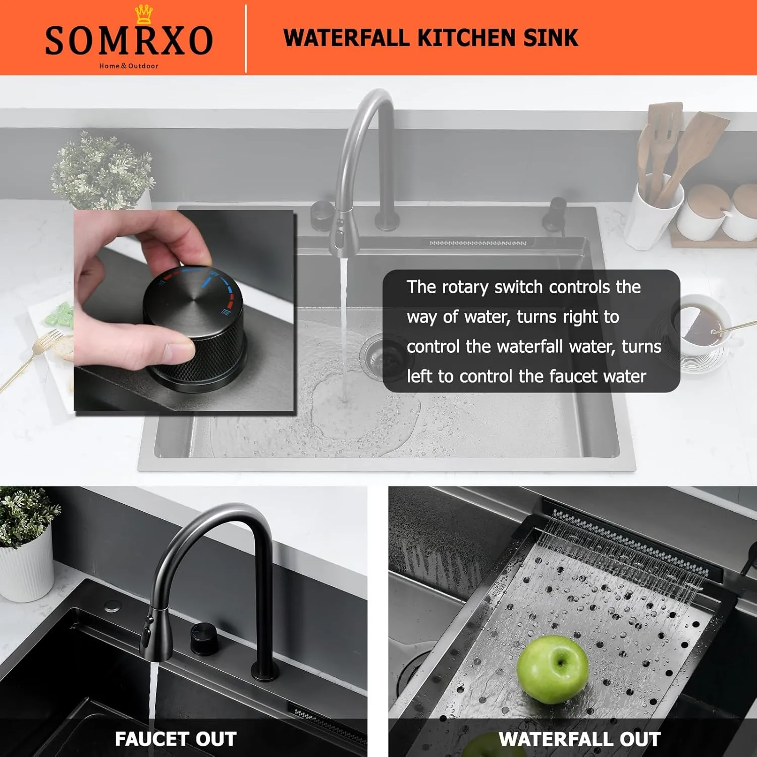 33×22 Black Waterfall Sink with Faucet Combo - 33×22 Drop In Sink with Faucet,16 Gauge Black Stainless Steel Waterfall Kitchen Sinks,10 Inch Deep Single Bowl Workstation Smart Kitchen Sinks