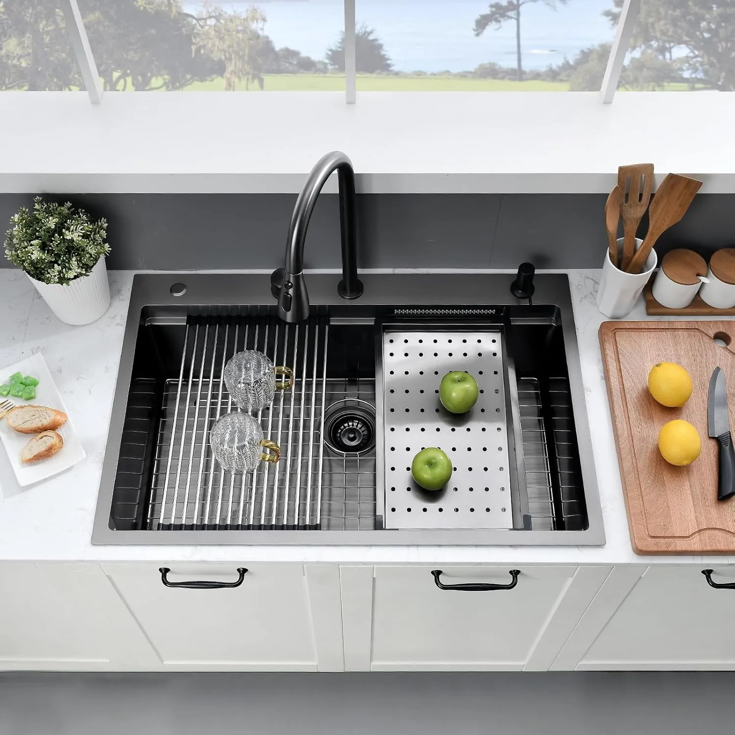 33×22 Black Waterfall Sink with Faucet Combo - 33×22 Drop In Sink with Faucet,16 Gauge Black Stainless Steel Waterfall Kitchen Sinks,10 Inch Deep Single Bowl Workstation Smart Kitchen Sinks