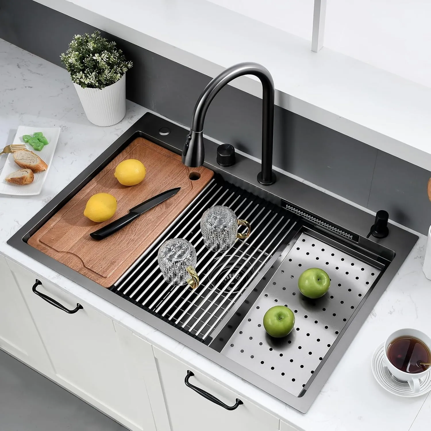33×22 Black Waterfall Sink with Faucet Combo - 33×22 Drop In Sink with Faucet,16 Gauge Black Stainless Steel Waterfall Kitchen Sinks,10 Inch Deep Single Bowl Workstation Smart Kitchen Sinks